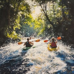 Kayaking Through Sun-Kissed Rapids: A vibrant painting of kayakers navigating a sun-dappled river, capturing the exhilaration and beauty of outdoor adventure. 