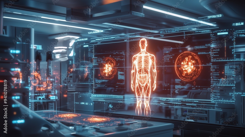 Poster high-tech lab with holographic human body and molecular structures representing modern precise and t