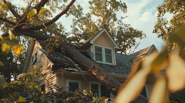 A fallen tree on a house roof symbolizes the aftermath of a natural disaster, highlighting the need for disaster recovery and emergency response.