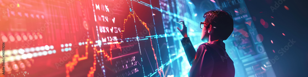 Poster a person analyzes and manipulates financial data on a colorful digital screen filled with graphs and