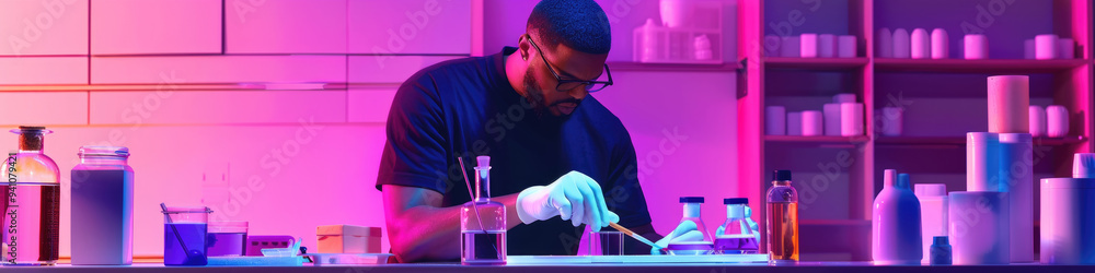 Poster a scientist in a vibrant lab is carefully conducting an experiment while surrounded by various glass
