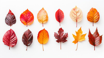 Obraz premium A collection of vibrant autumn leaves in shades of red, orange, and yellow, delicately arranged on a crisp white background