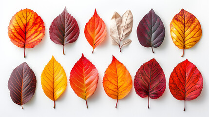 Obraz premium A collection of vibrant autumn leaves in shades of red, orange, and yellow, delicately arranged on a crisp white background