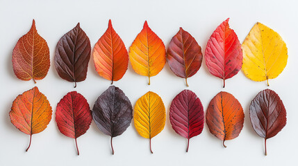 Obraz premium A collection of vibrant autumn leaves in shades of red, orange, and yellow, delicately arranged on a crisp white background
