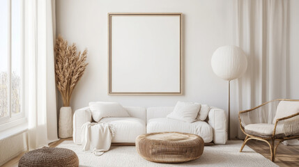 Minimalist living room with white sofa, wicker chair, and pampas grass.