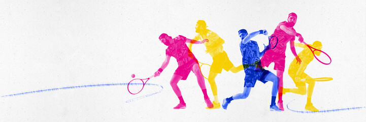 Dynamic group of tennis players in various action poses, playing, training. Contemporary art collage. Banner for ad, event. Concept of sport, active and healthy lifestyle, competition