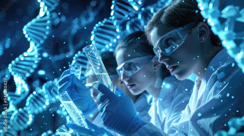 Poster researchers examine test tubes while studying dna structures in a high-tech lab illuminated with blu