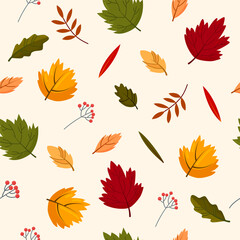 Autumn leaf seamless pattern. Cute colorful vector background with bright autumn leaves. Print on fabric, packaging, paper, wallpaper and other surfaces.