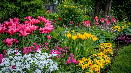 Obraz premium Images of well-maintained garden scenes featuring a variety of seasonal flowers and plants. Perfect for home decor, gardening blogs, and lifestyle magazines.