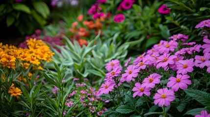 Obraz premium Images of well-maintained garden scenes featuring a variety of seasonal flowers and plants. Perfect for home decor, gardening blogs, and lifestyle magazines.