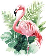 Watercolor Illustration of Pink Flamingo on Floral Background with Colorful Tropical Leaves 2