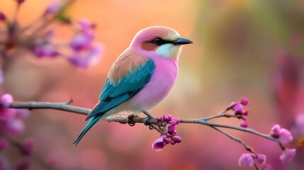 Obraz premium Pink and Blue Bird on Branch with Flowers.
