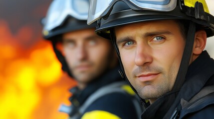 Fototapeta premium Two firefighters are standing in front of a fire. One of them is wearing a yellow helmet