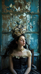Fototapeta premium A young woman with curly hair and an intricate headpiece of butterflies and flowers poses thoughtfully in a vintage setting