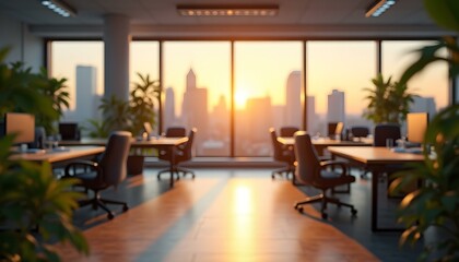 Fototapeta premium Blur background of office interior with large windows with city urban view, plants, and wooden desks at sunset. Modern workplace and urban greenery concept. Design for poster, wallpaper. Spate.