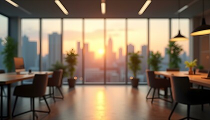Fototapeta premium Blur background of office interior with large windows with city urban view, plants, and wooden desks at sunset. Modern workplace and urban greenery concept. Design for poster, wallpaper. Spate.
