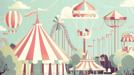 A vibrant carnival atmosphere features a striped tent, thrilling rides, and colorful hot air balloons against a pastel sky