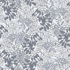 Seamless repeating pattern n Toile de Jouy style with rowan tree branches and ashberries. Vector illustration in blue colors on light-colored backgroud for surface design and other design projects