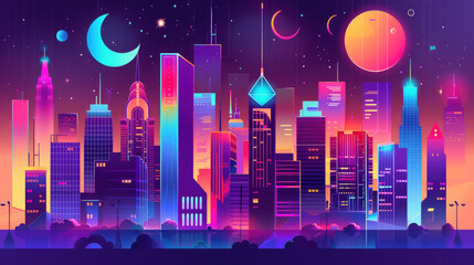 The skyline showcases tall skyscrapers lit in bright colors with two moons and a large planet visible in the twilight