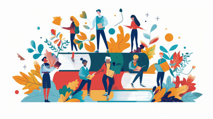 A group of people joyfully explore books surrounded by colorful foliage, illustrating a love for reading and learning in autumn