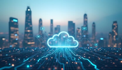 A city skyline is lit up with a large cloud in the middle. 
The cloud is surrounded by a network of wires and circuits, giving the impression of a futuristic cityscape. Scene is one of innovation