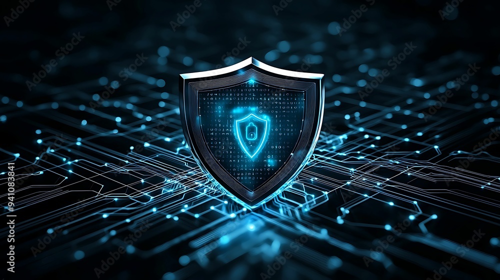 Aufkleber secure digital shield: glowing cybersecurity infrastructure in blue and silver tones with encrypted 