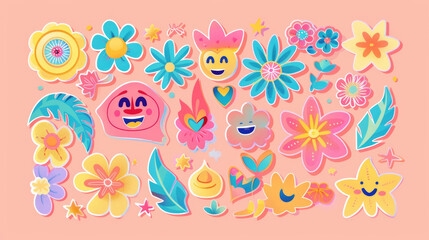 Fototapeta premium A vibrant collection of stickers showcases various flowers, playful faces, and colorful elements ideal for crafts and decoration