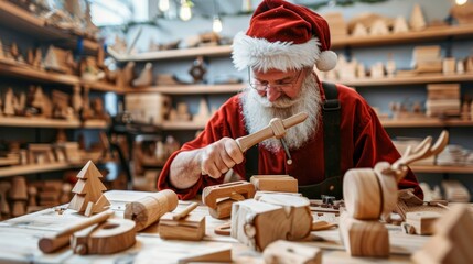 Santa Claus Working in Workshop, Building Wooden Toys for Christmas, Spreading Holiday Cheer