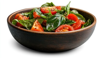 A fresh basil and tomato salad in a rustic wooden bowl - AI Generated Digital Art.