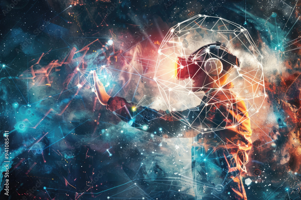 Poster a user interacts with virtual reality technology, surrounded by colorful cosmic visuals and intricat