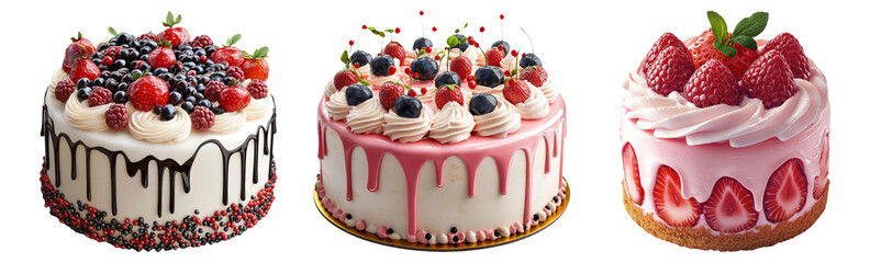 Delicious cakes in various designs isolated on transparent background