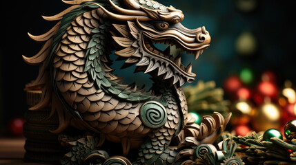 A striking dragon sculpture is showcased with holiday decorations in a cozy setting, capturing the spirit of the festive season