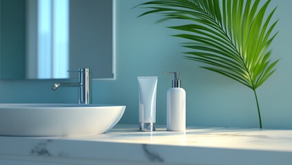Fototapeta premium Blurred, empty bathroom countertop with small hand wash products