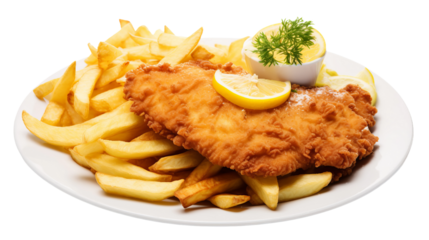 german schnitzel with fries on isolated white background