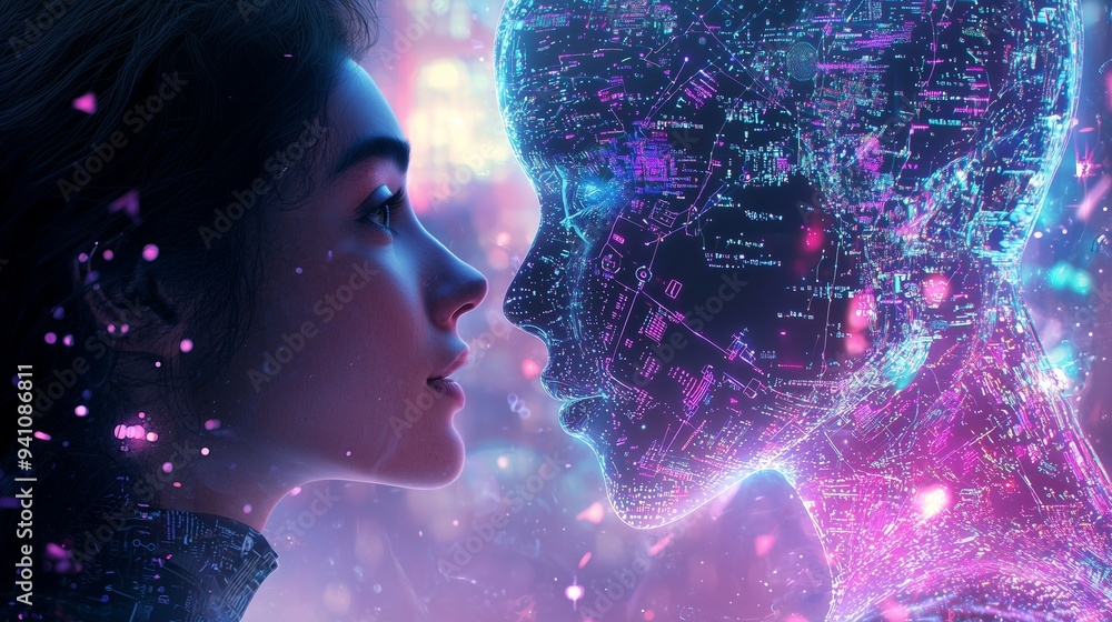 Poster a human and a digital humanoid face each other, symbolizing the connection and interaction between h