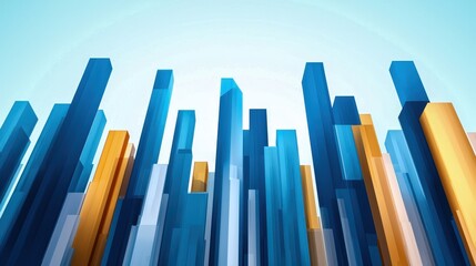 Obraz premium Abstract city skyline with vibrant blue and orange skyscrapers reaching towards a bright sky. Modern design for urban themes.