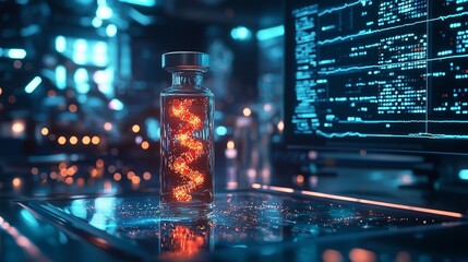 A high-tech vial of personalized cancer medicine in a futuristic lab, symbolizing precision medicine.