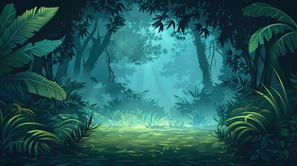 Naklejka premium Dense Jungle Scene with Sunbeams Filtering Through Canopy