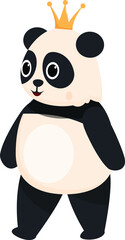 Cute and funny cartoon panda bear wearing a golden crown is standing