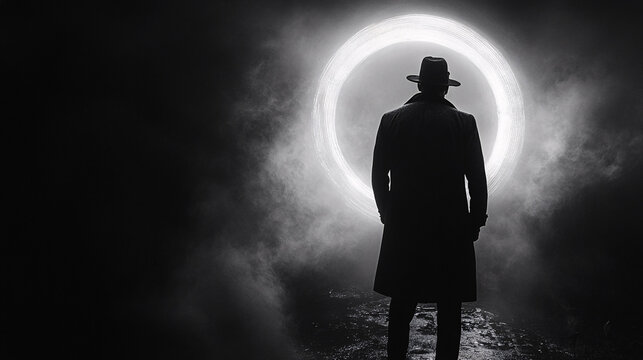 A dramatic portrait in the style of detective films of the 1950s featuring the silhouette of a male detective in a coat and hat standing in a circle of light.