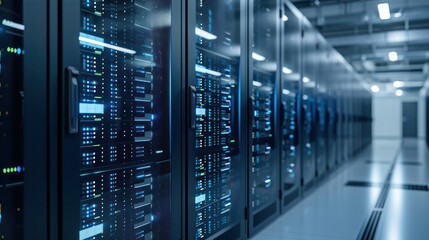 Modern data center. Rows of server racks with blinking lights in the dark room. Supercomputer concept. 3D rendering.