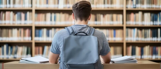 A young student guy sitting at a library desk with his backpack and copybooks spread out, surrounded by tall bookshelves and a peaceful study environment