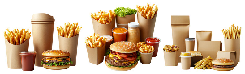 Assorted fast food items including burgers and fries set isolated on transparent background