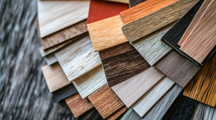 A variety of laminate flooring samples showcasing different colors and textures.