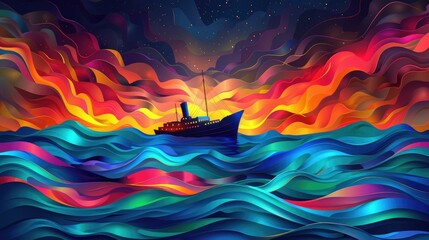 Fototapeta premium A Silhouette Ship Sailing Through Colorful Abstract Waves and Sky