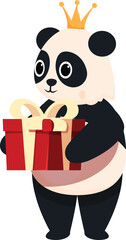 Cute cartoon panda bear wearing a gold crown holding a red gift box with a yellow ribbon