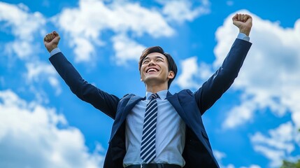 a man raising both hands as a sign of victory or celebration