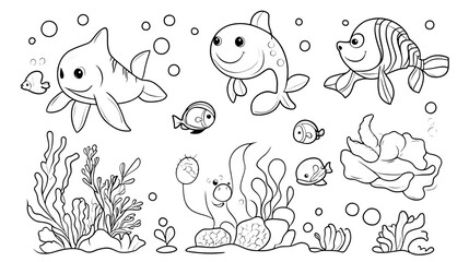 Fototapeta premium Drawing simple lines cute set sea animals coloring book pages. cartoons for preschool children