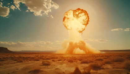 Terrible explosion of a nuclear bomb with a mushroom in the desert. Hydrogen bomb test. Nuclear catastrophe