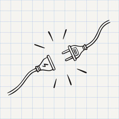 Electric Plug and Socket unplug doodle icon. Power line cable connect outline illustration. Black and white hand drawn sketch in vector.
